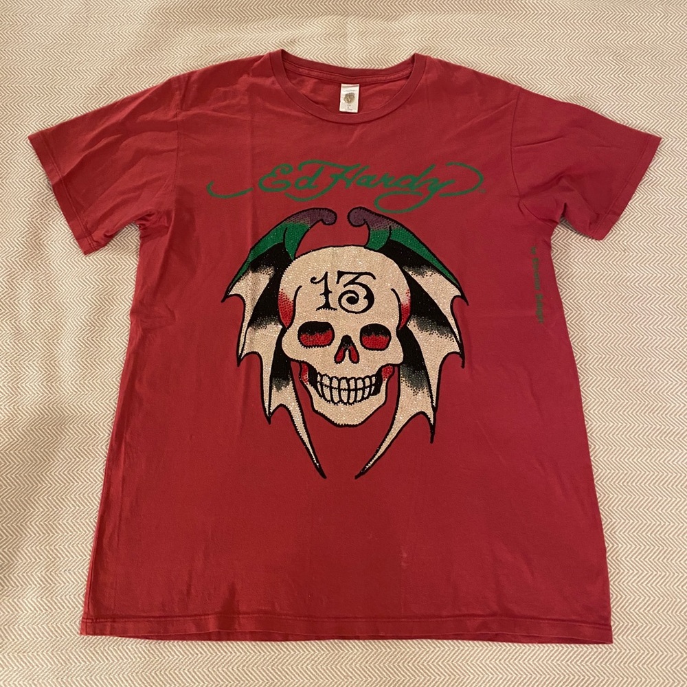 Vintage Ed Hardy by Christian Audigier Jewel Crystal Skull & Wings T Shirt